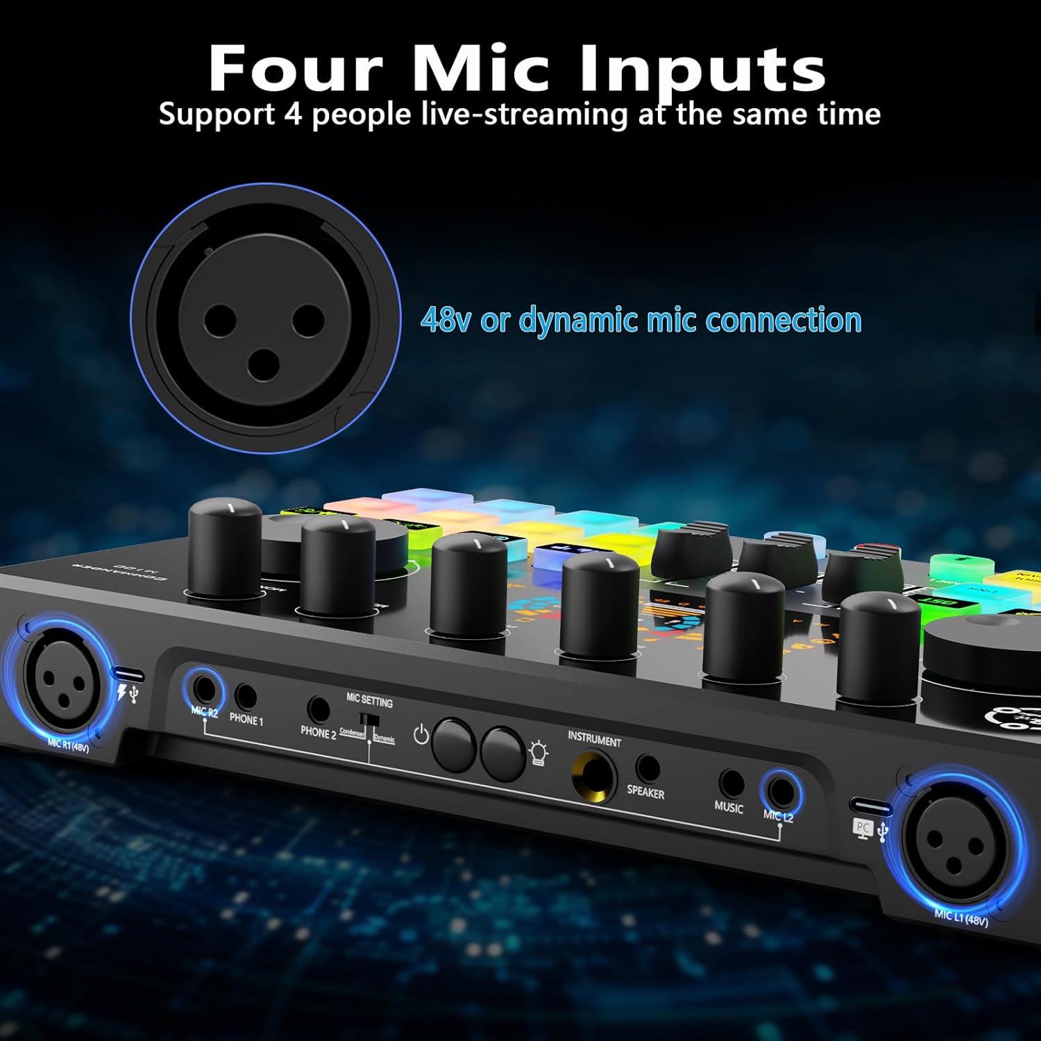 Podcast Equipment Bundle for 2, Audio Interface with Condenser Microphone, Voice Change, DJ Mixer for Streaming, Podcast Recording COMMANDER M100 3rd