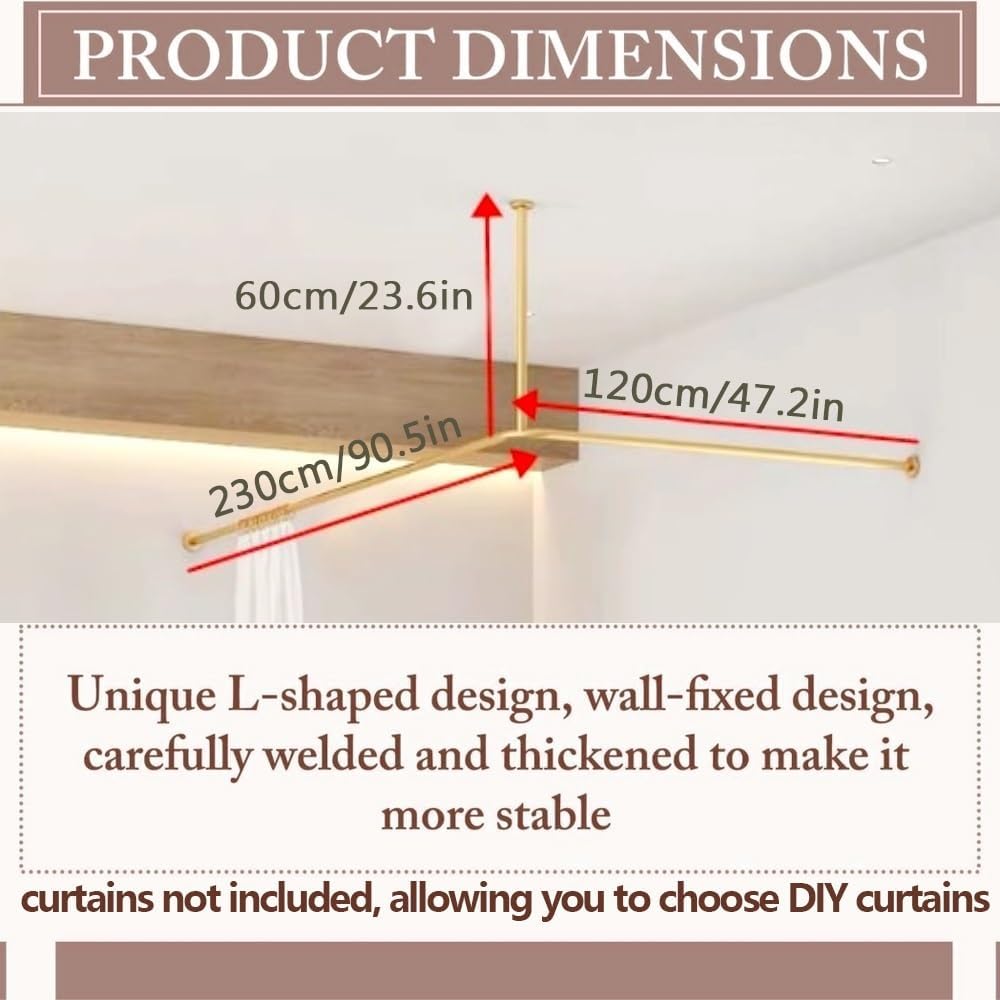 Beauty Salon Room Divider Curtain Rod, L Shaped Corner Curtain Rod, Wall Mount Curtain Partition Rod for Massage Room, Bedroom, Clinic, Shared Bedroom(Gold)