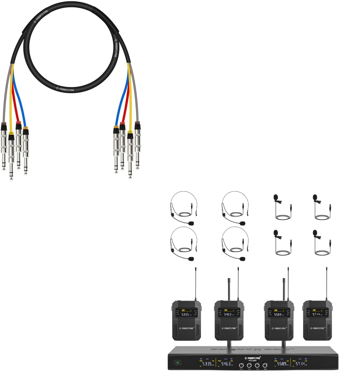 Phenyx Pro 4-Channel Wireless Mic Set PTU-5200-4B Bundled with 3 Ft Snake Cord