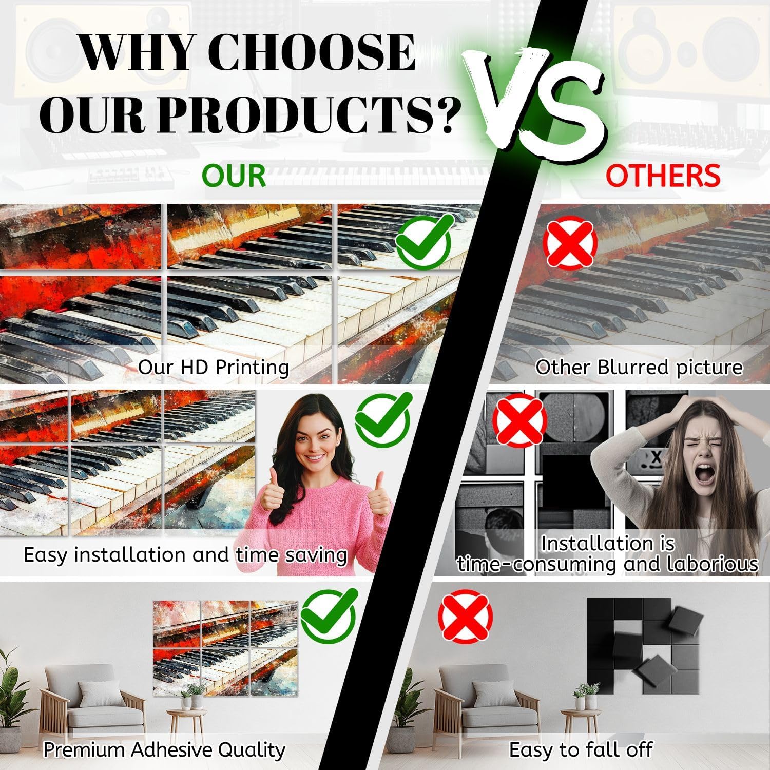 6 Pack Art Acoustic Panels Abstract colorful piano keyboard watercolor Sound Absorbing Panel 48