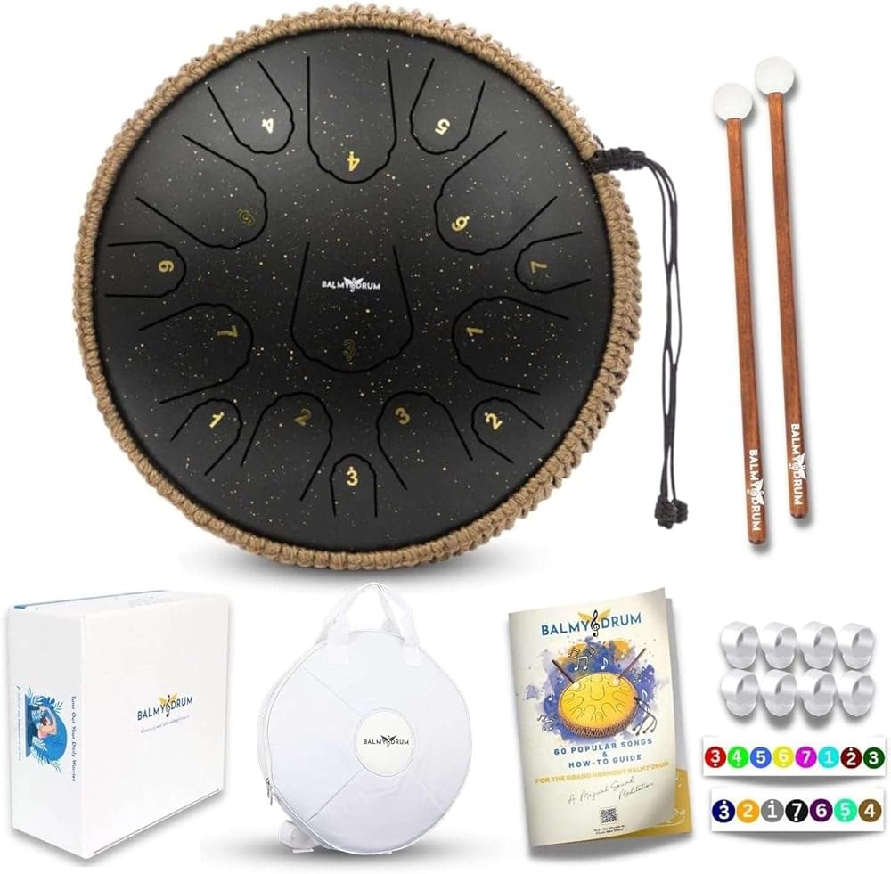 The Balmy Drum - Steel Tongue Rain Drum Outside 15 Note 14 Inch (Black) - Chakra Drum for Rain Outdoor, Steel Drums for Adults, Tongue Drums Set with Music Book, Hand pan, Mallet and Carry Bag