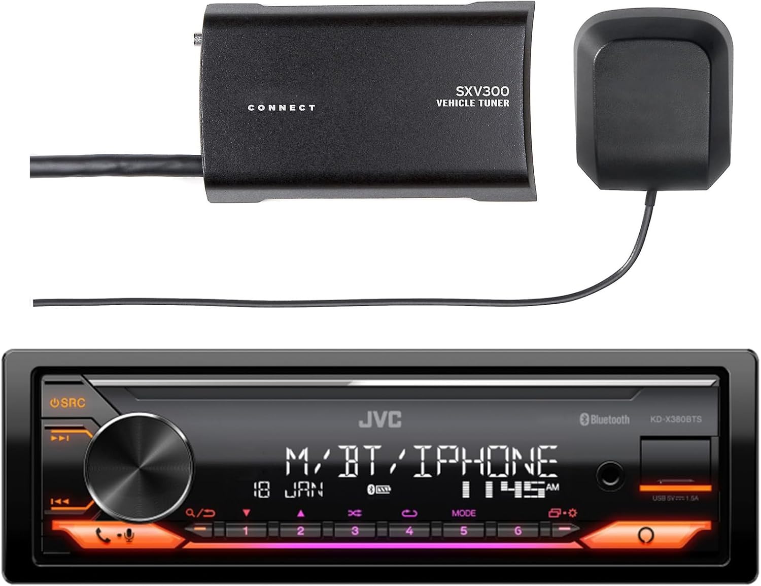 Single DIN Bluetooth USB AUX AM/FM Radio Stereo LED Illumination Car Receiver Bundle Combo with SXV300v1 Satellite Radio Connect Vehicle Tuner Kit