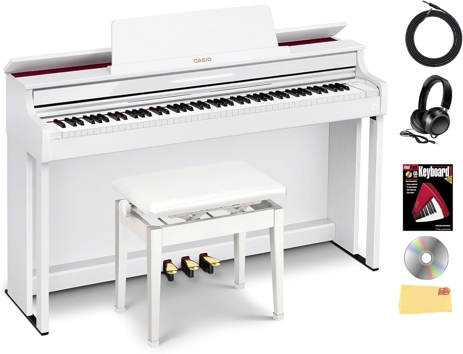 Casio AP-550 CELVIANO 88-Key Digital Piano - White Bundle with Adjustable Bench, Headphones, Piano Book, Online Lessons, Austin Bazaar Instructional DVD, and Polishing Cloth