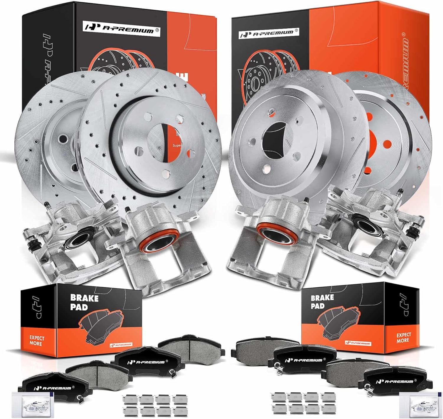 A-Premium Front and Rear Drilled and Slotted Disc Brake Rotors and Ceramic Pads Kit with Calipers Compatible with Dodge Nitro 2011 3.7L 4.0L, 16-PC Set