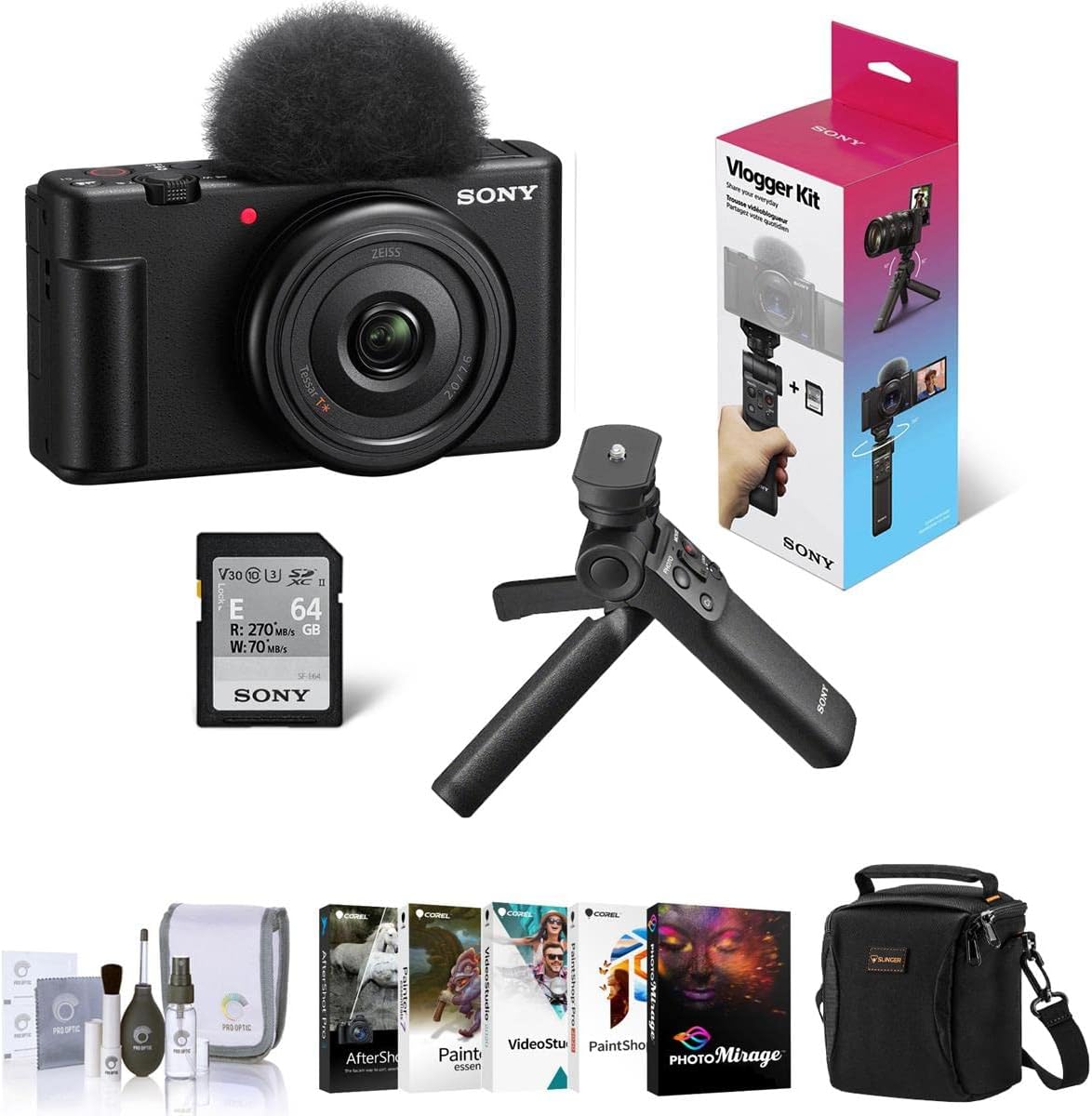 Sony ZV-1F Vlogging Camera, Black Bundle with ACCVC1 Vlogger Accessory Kit, Corel PC Software Kit, Shoulder Bag, Cleaning Kit