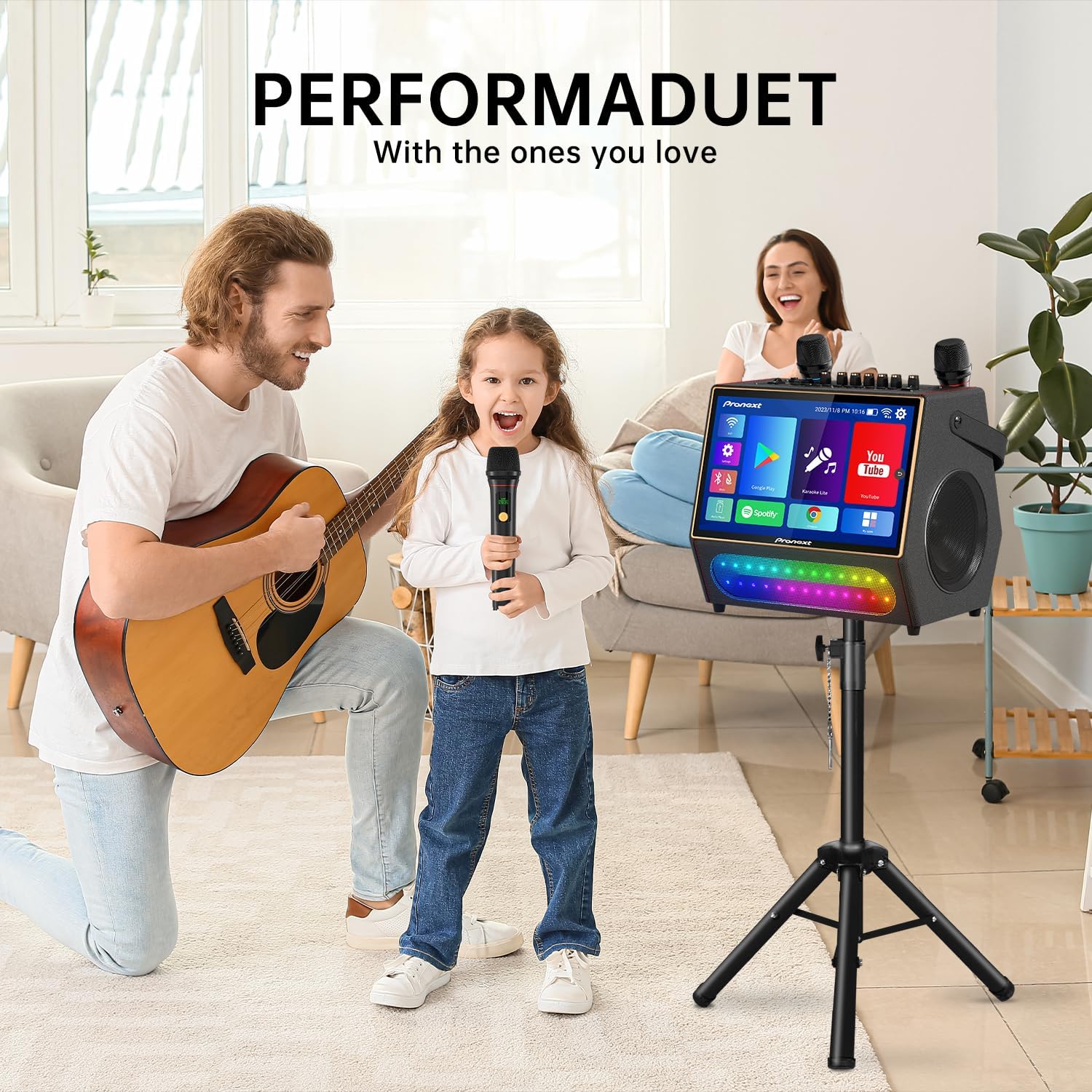 PRONEXT Karaoke Machine with Lyrics Display Screen for Adults, Bluetooth Speaker with 2 Rechargeable UHF Mics, 14