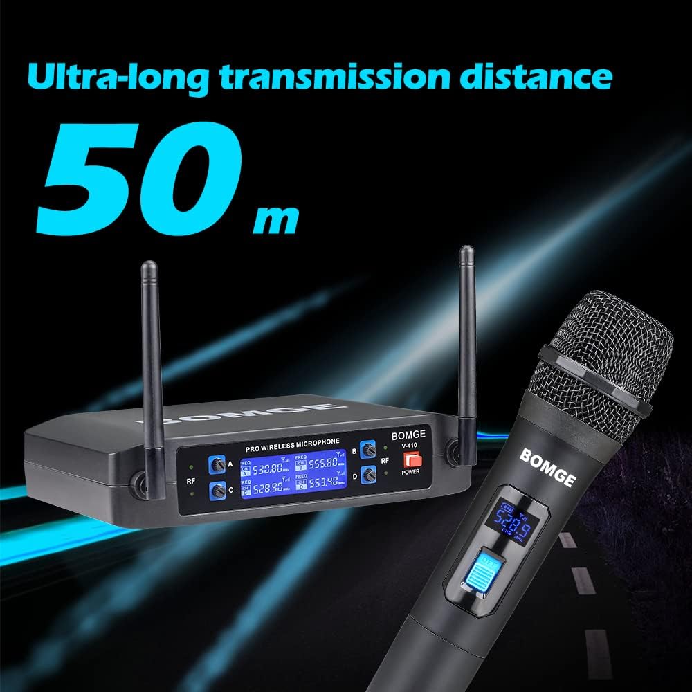 BOMGE Wireless Microphone System, Pro 4-Channel Cordless Mic Set with Four Handheld Mics, Fixed Frequency, Long Range 200ft, Ideal for Church,Karaoke, Events (V410B)