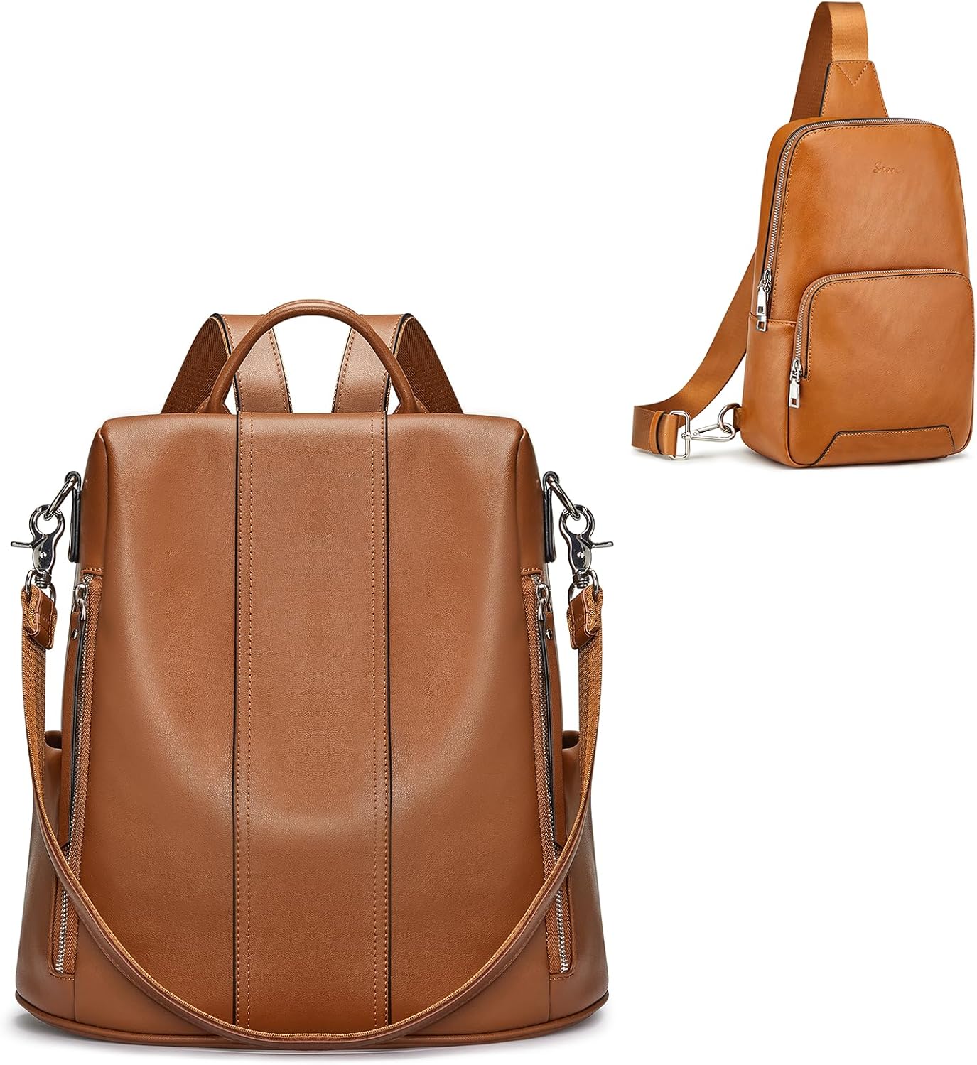 S-ZONE Genuine Leather Backpack Purse with Sling Bag for Men Women Crossbody Shoulder Bag Backpack Purse Fashion Travel Daypack Chest Bags Ladies