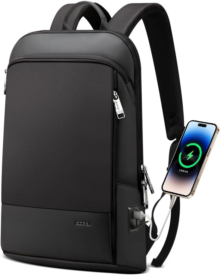 BOPai Slim Laptop Thin Business Backpack with Bottle Holder USB Charging Professional for Men Notebook Work Office Anti Theft Smart Computer 15-15.6 inch Back pack Light Black