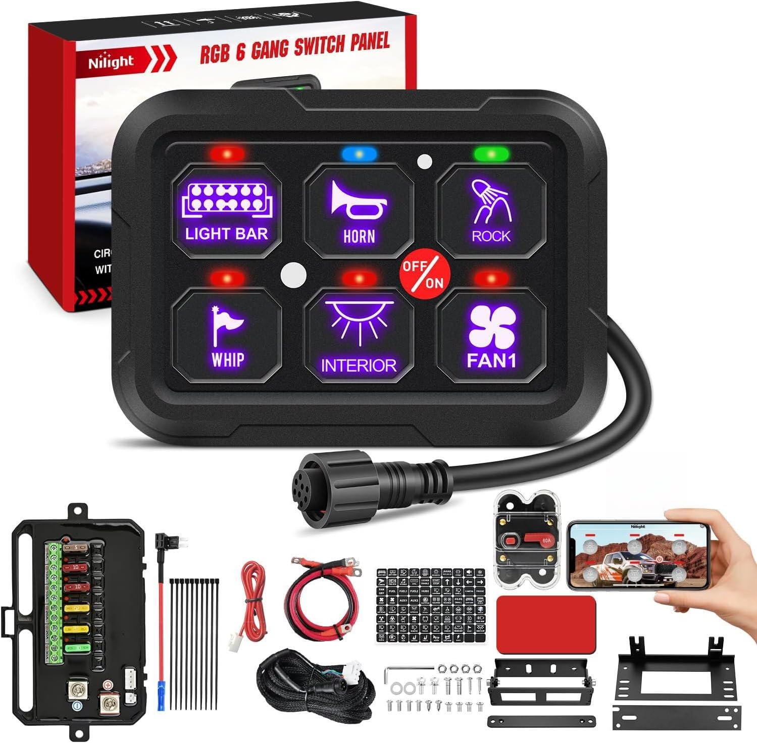 Nilight 6 Gang Switch Panel 12V 24V Universal Circuit Control Relay System with RGB Backlight APP Control Fuse Wiring Harness Automatic Dimmable ON Off LED Switch Pod for Car Pickup Truck Camper SUV