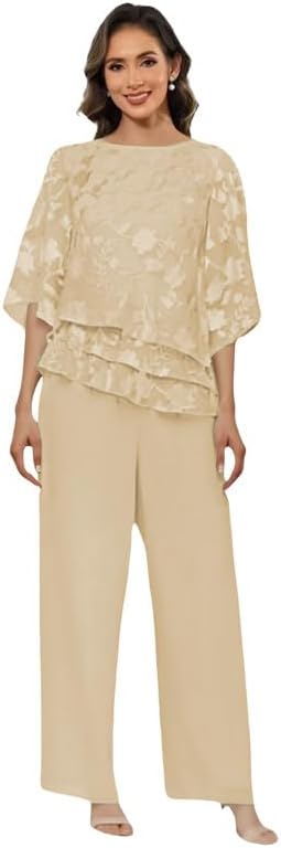 Mother of The Bride Pant Suits - 2 Pieces Floral Lace Formal Wedding Jumpsuits for Women Dressy