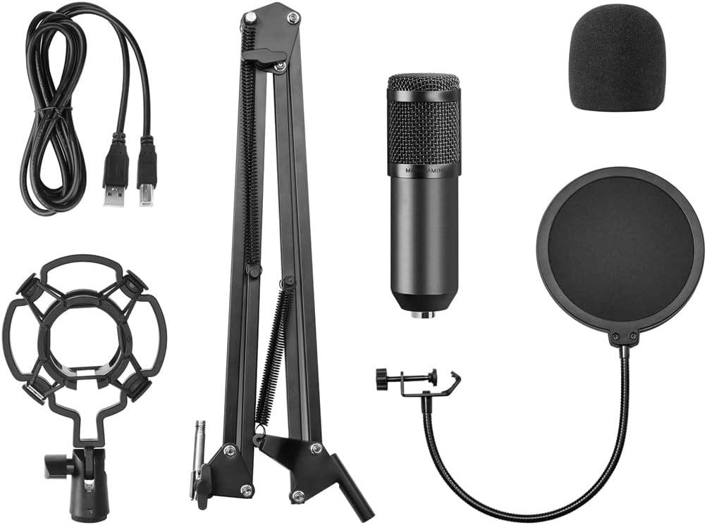 Microphone Professional Condenser Streaming HD PC Microphone with Dual Capture Filter, 5 in 1 Kit Black