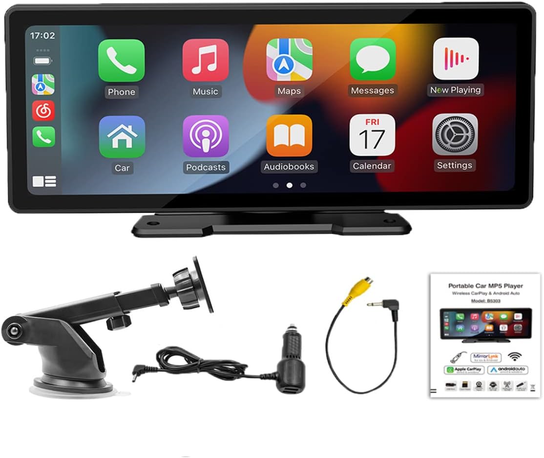 Portable Carplay Screen Wireless Carplay & Android Auto 9Inch Touch Screen Car Stereo Receiver with Bluetooth5.0 Handsfree/Mirror Link/FM Output/TF/USB/AUX Built-in Speaker