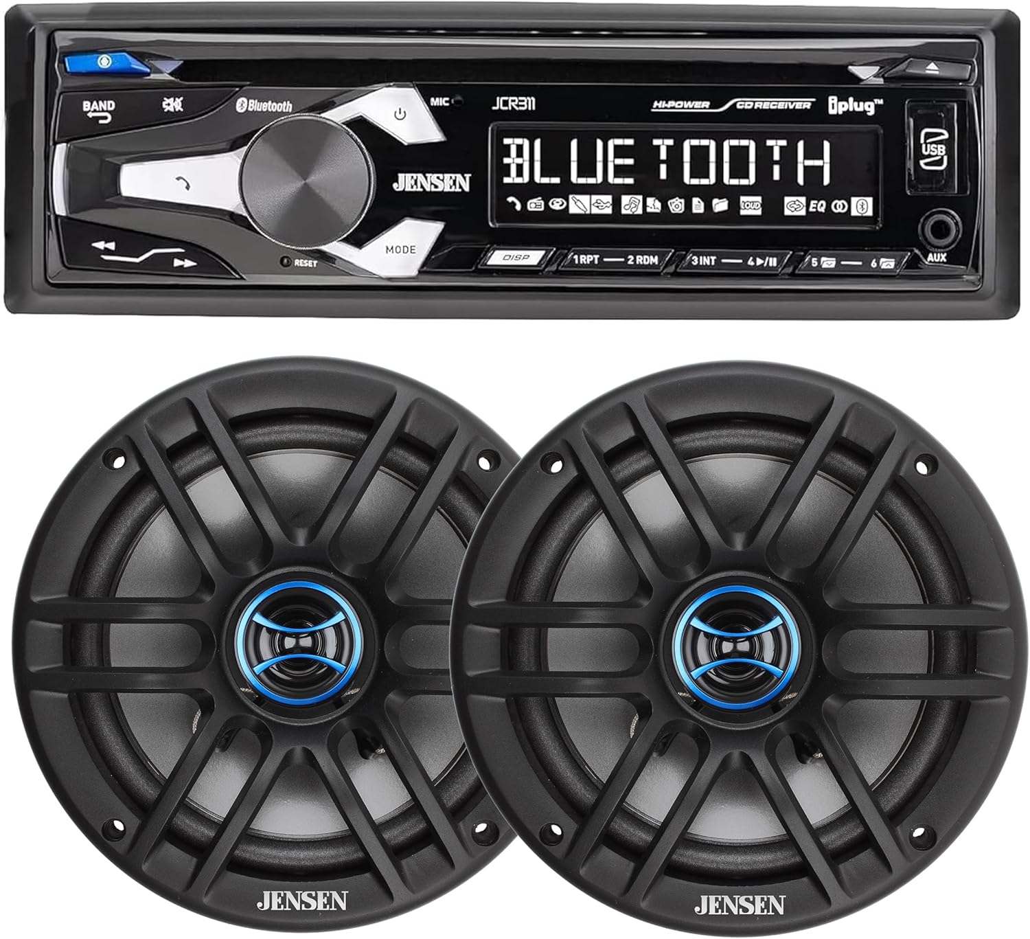 JENSEN JCR311 10 Character LCD Single DIN Car Stereo Radio CD Player & JS62 2-Way 6.5 inch Car Speakers