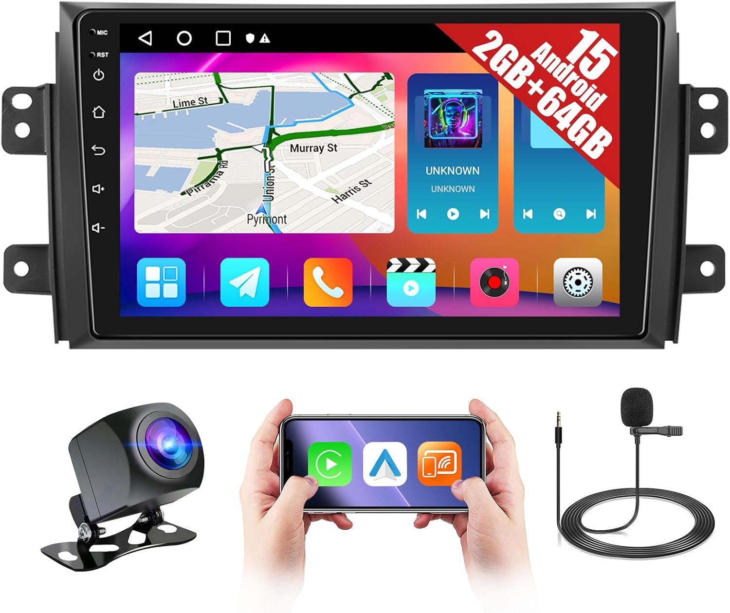 Android 15 Car Radio for Suzuki SX4 2006-2013 Wireless CarPlay Android Auto, 2+64GB Realdio 9-Inch Touch Screen for SX4 Car Stereo with Bluetooth WiFi GPS FM/RDS EQ 26UI Backup Camera