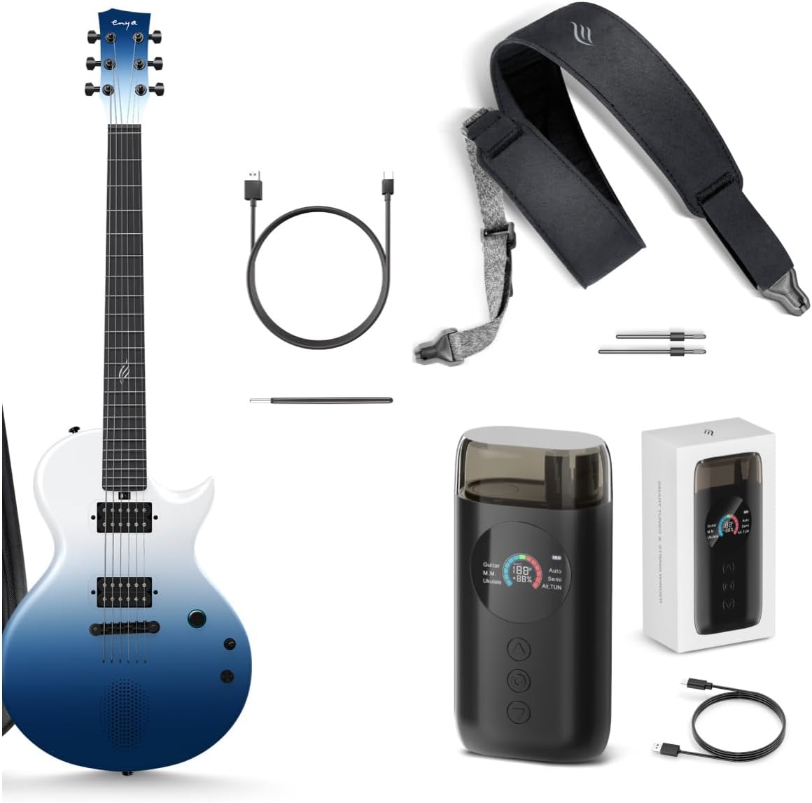 Enya Electric Guitar Nova Go Sonic Smart Electric Carbon Fiber Guitarra with 10W Wireless Speaker Ocean Blue & Smart Automatic Guitar Tuner & enya Magnetic Strap
