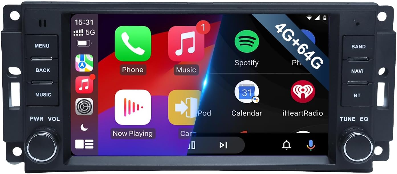 4G+64G Android13 7 Inch IPS Screen Wireless Apple CarPlay Android Auto Car Stereo for Jeep Wrangler Dodge Chrysler Chevrolet RAM 1500 Radio with FM AM EQ BT GPS WiFi SWC Backup Camera MIC