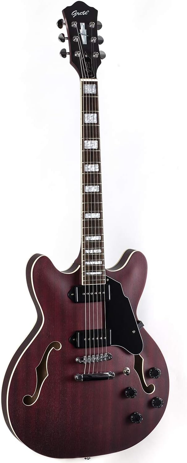 Electric Guitar Semi-Hollow Body Guitar Matte Finished ，Dual Coil Humbuck pickup， RD-100 Jazz Guitar with F-Hole,Maple neck,humbucker Pickups (GT335-04-red)