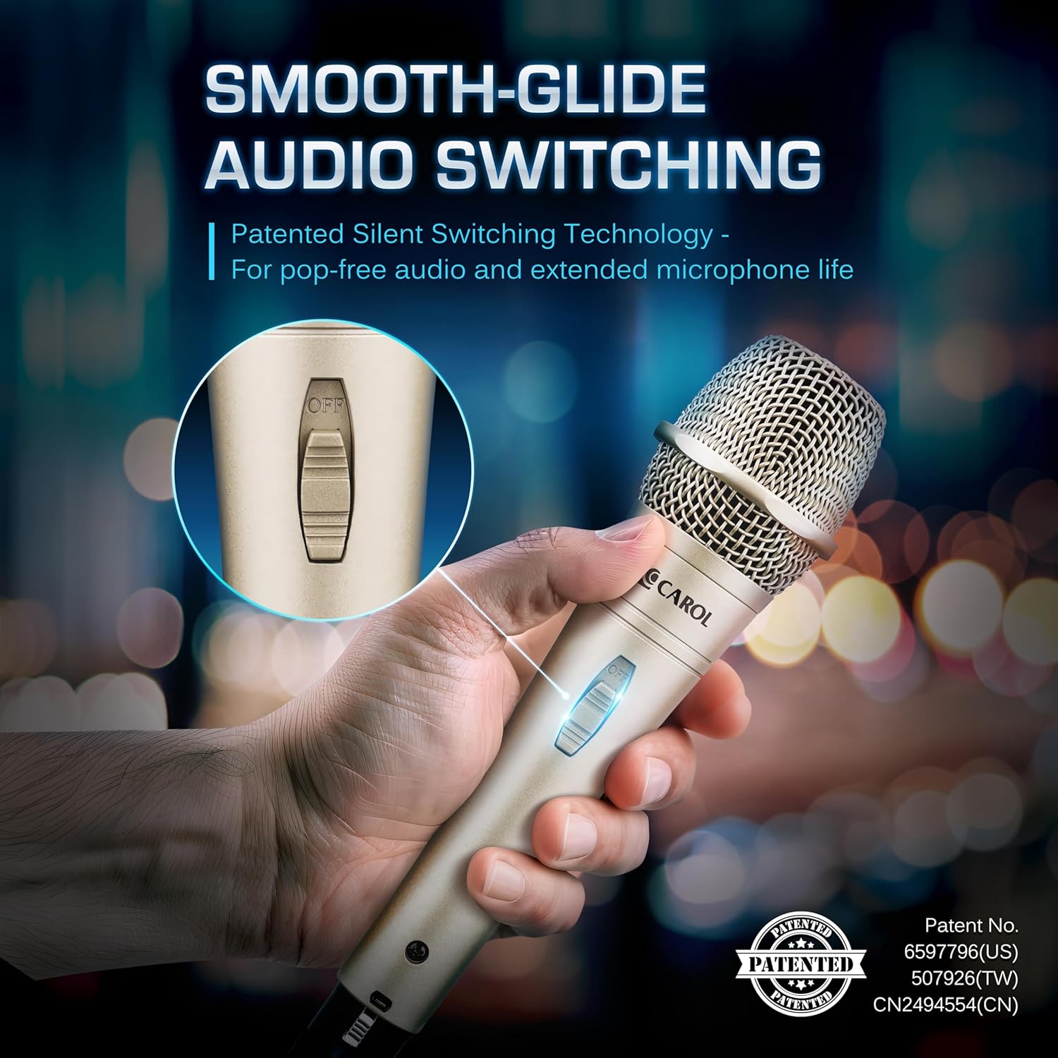 CAROL E dur-916S Golden XLR Wired Vocal Microphone for Singing – Dynamic Supercardioid Mic with Dual Shock Mount System for Karaoke, Stage & Public Speaking, Includes Mic, 14.8ft XLR Cable & Switch