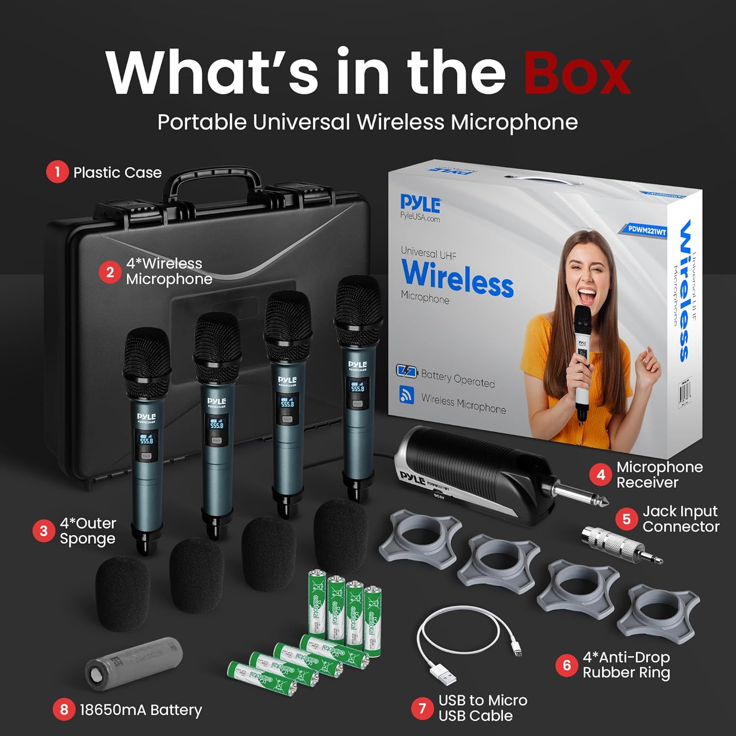 Pyle 4 Channel Wireless Microphone System, Portable UHF Band Receiver System, Independent Channel Controls, RF Signal LCD Indicator, Digital Audio Microphone Set with 4 Handheld Microphones (Green)