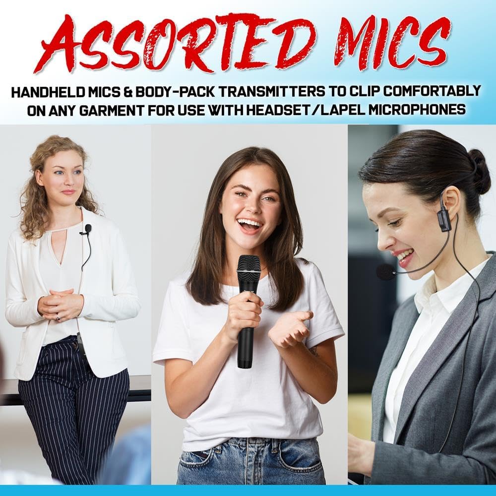 Pyle 8 Ch UHF Wireless Microphone System & Rack Mountable Base 4 Handheld MICS 4 Headsets, 4 Belt Packs, 4 Lavelier/Lapel MIC with Independent Volume Controls AF & RF Signal Indicators (PDWM8350)