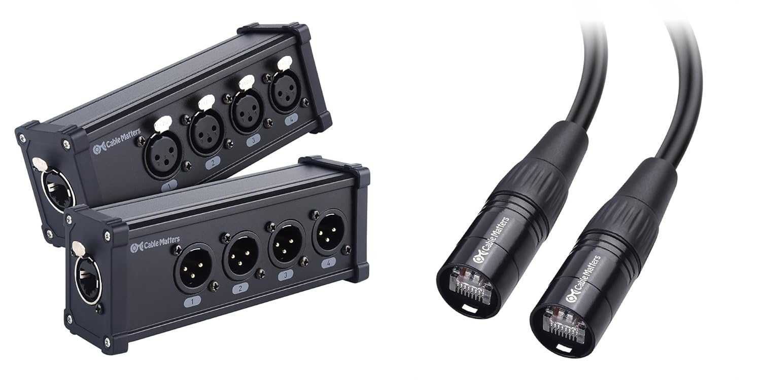 Cable Matters Multi Network XLR Cable 4 Channel Breakout Kit Pair with 2 Boxes, Black & Shielded Cat6 Ethernet Cable Compatible with EtherCON RJ45 Connectors in Black- 50 ft