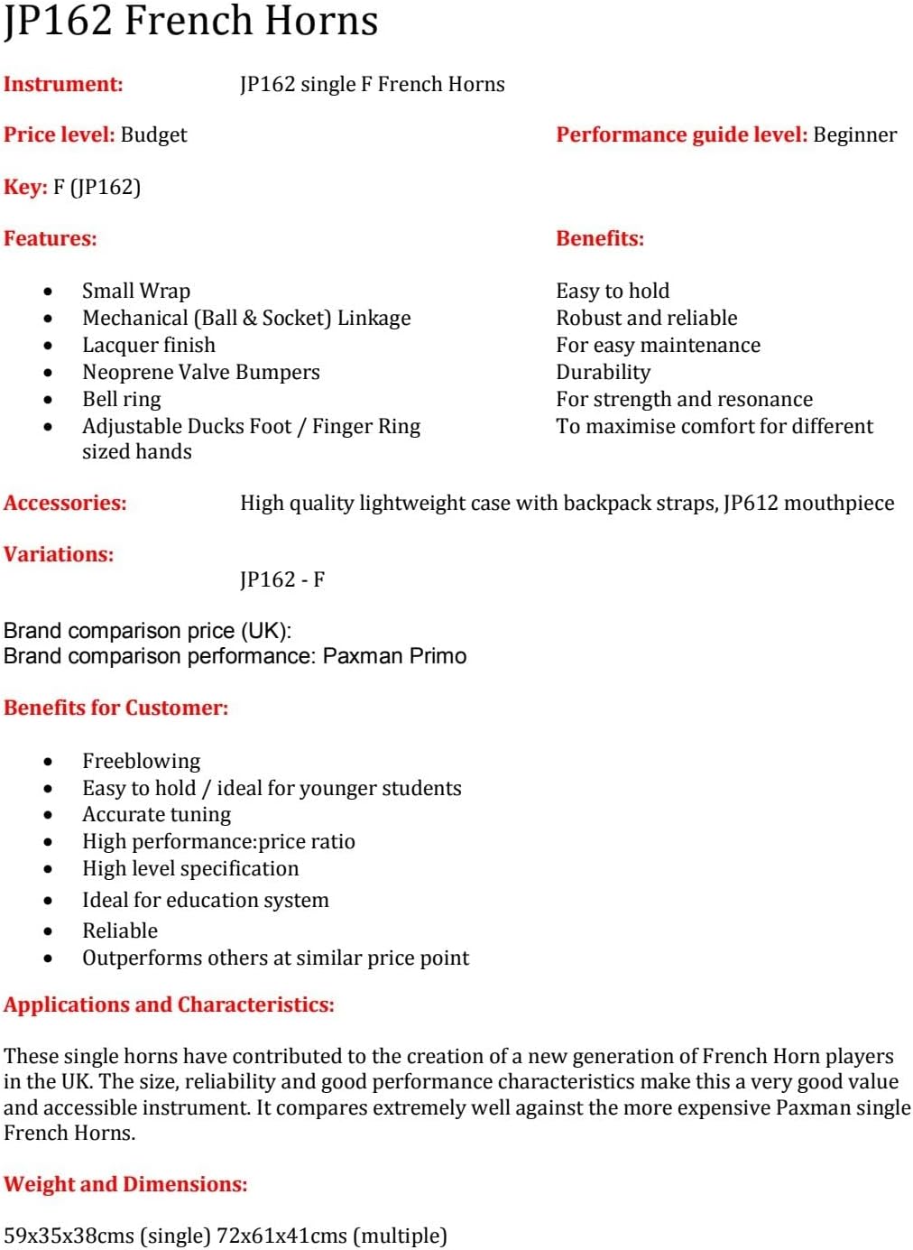 John Packer JP162 Single F French Horn