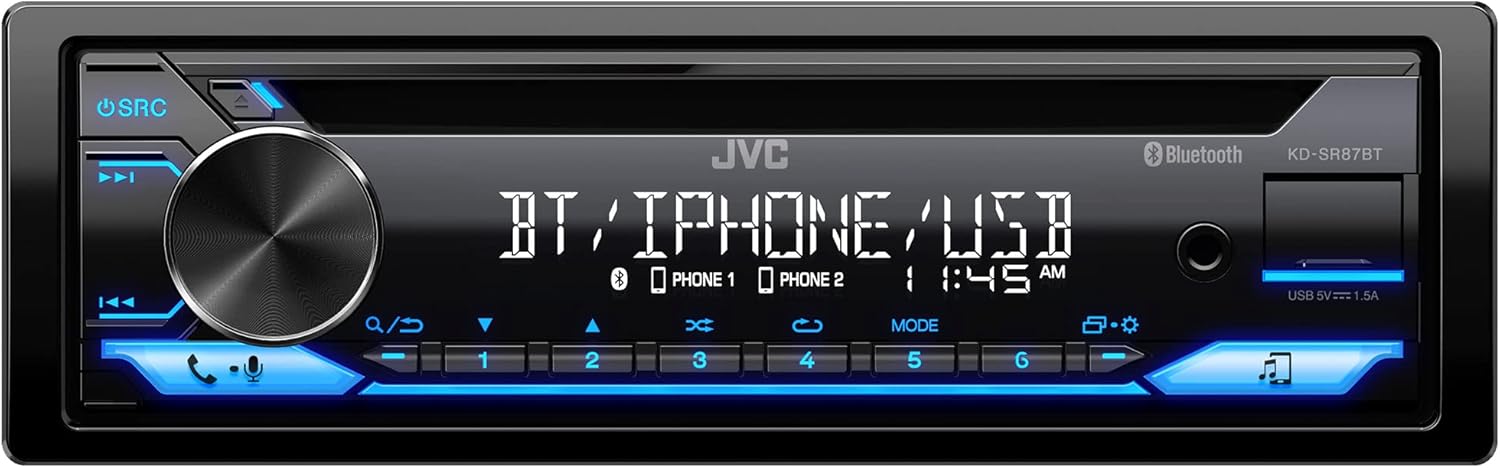 JVC KD-SR87BT Bluetooth CD Car Stereo with USB Port – AM/FM Radio, MP3 Player, High Contrast LCD, Detachable Face Plate – Single DIN – 13-Band EQ (Renewed)
