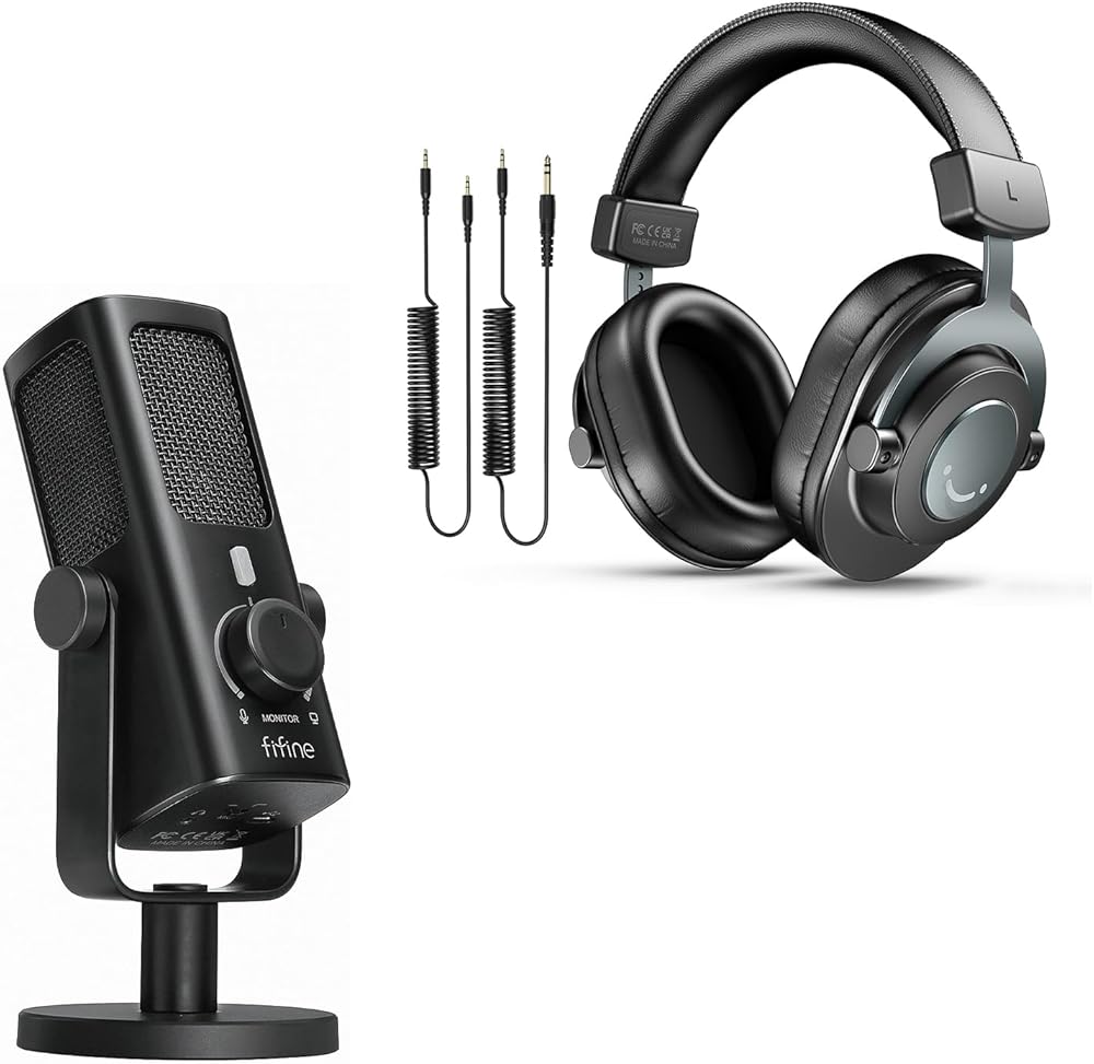 FIFINE USB-Podcast-Condenser-Microphone Bundle, Studio-Monitor-Headphones Set with 3.5mm/6.35mm Jack, Detachable Cables for Voice Recording, Vocal, Desktop-Metal-Mic with Low-Cut Filter (Profile3+H8)