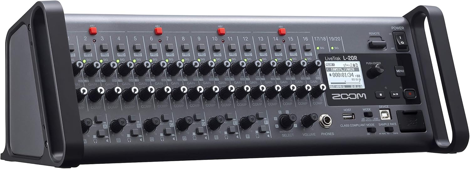 Zoom LiveTrak L-20R Digital Mixer & Multitrack Recorder, Rack Mountable, 20-Input/ 22-Channel SD Card Recorder, 22-in/4-out USB Audio Interface, 6 Customizable Outputs, Wireless iOS Control,Black
