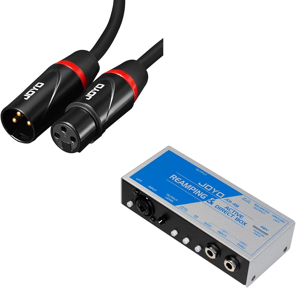 JOYO Passive Reamping and Phantom Powered Active Direct Box (JDI-48) Bundle with XLR Cables 20ft Microphone Cables (CM-28)
