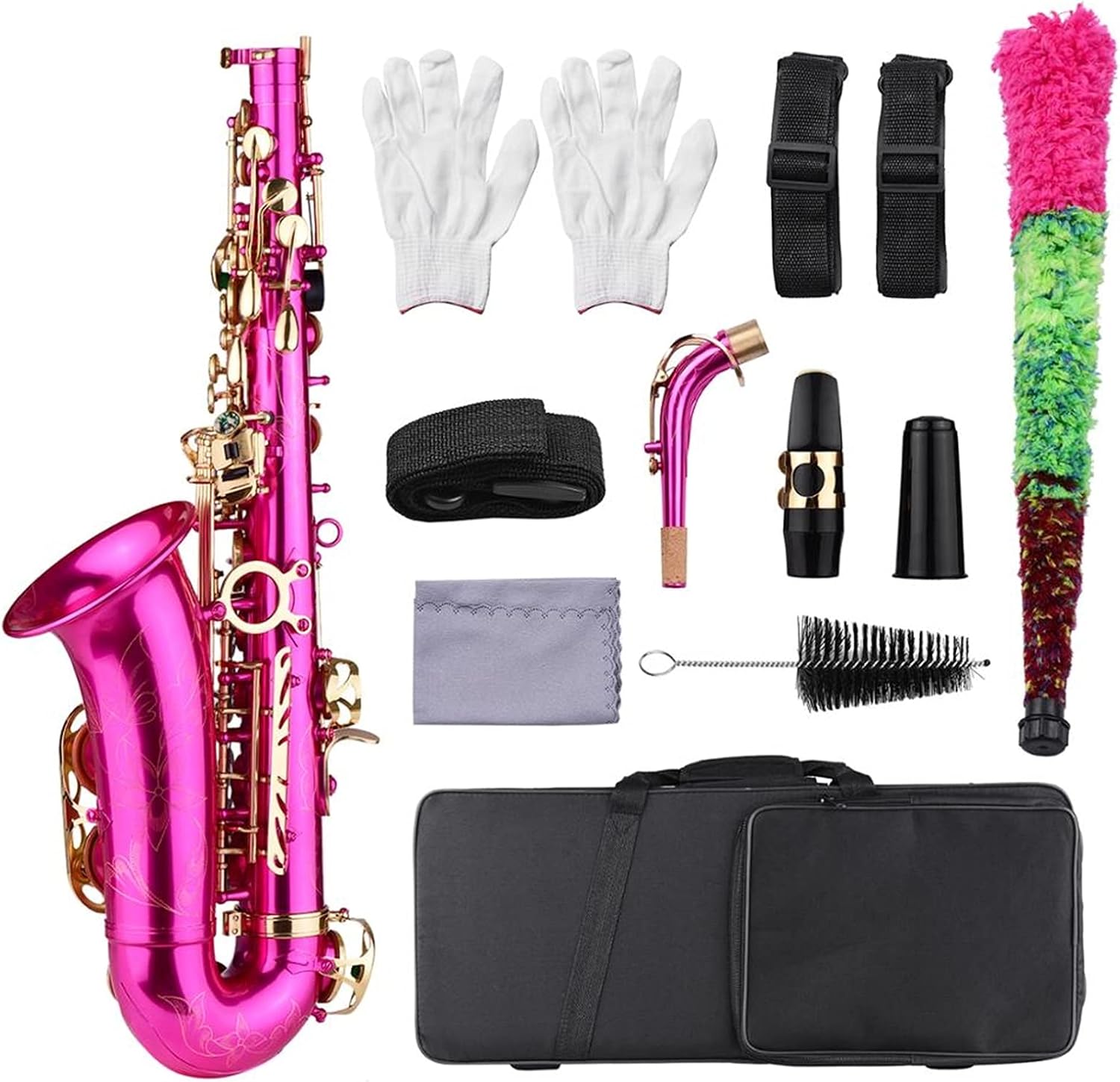 Brass Engraved EB E- Flat Alto Saxophone Sax Abalone Shell Buttons with Case Gloves Cleaning Cloth Grease Belt Brush Student Saxophone (Color : Black)