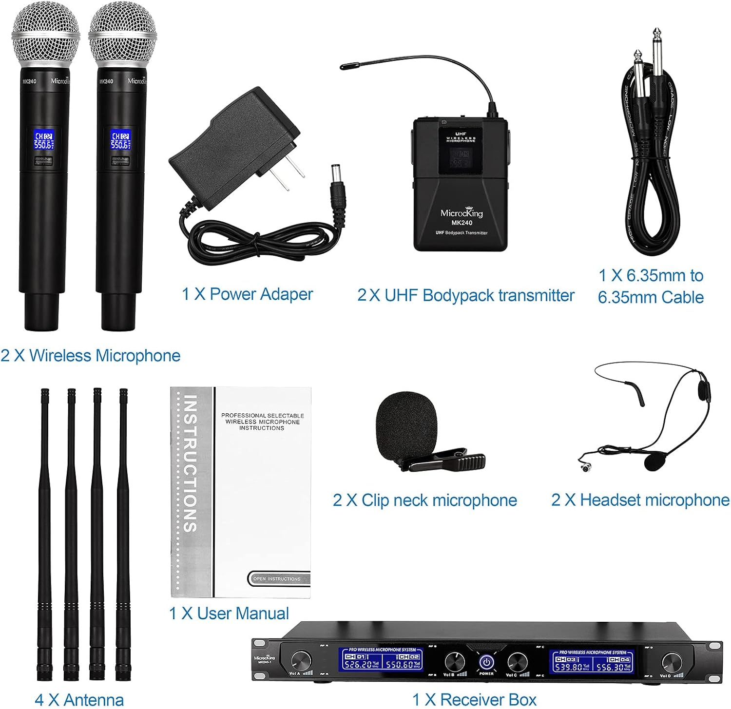 MicrocKing Wireless Microphone System, UHF Cordless Mic Set with 2 Handheld Mics/2 Lavalier Bodypacks, Metal Build, Fixed Frequency, Long Range, Ideal for Karaoke/Party/Wedding/Concert