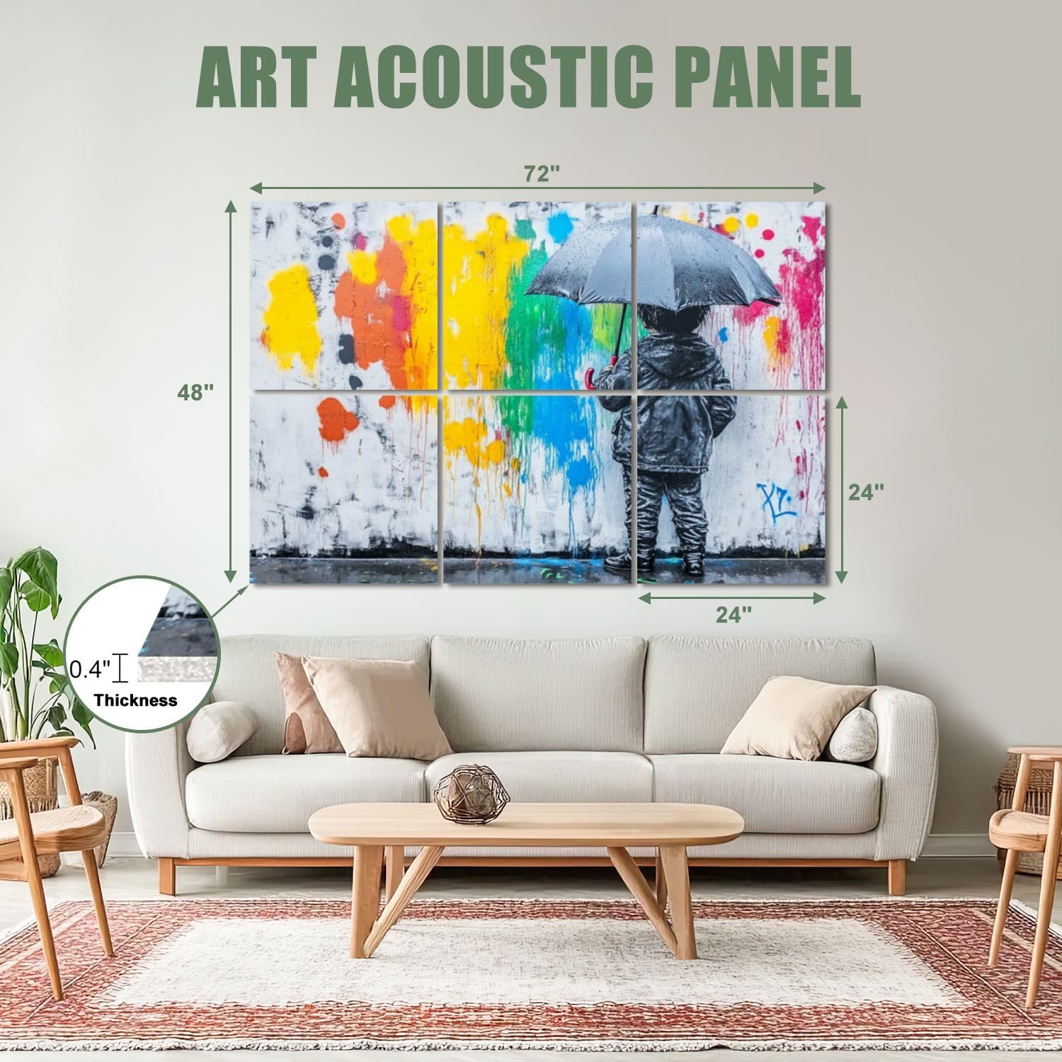 6 Pack Art Acoustic Panels Sound Absorbing Raining Day Colorful Graffiti Street Famous Modern Inspirational Grey Decorative Soundproof Wall Panels Self Adhesive for Recording Studios Office 72