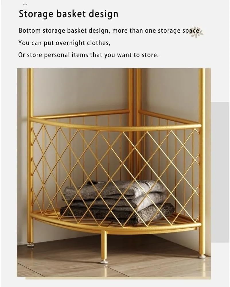 Coat Racks Corner Coat Rack With Storage Basket And Hooks Metal Clothes Rack For Entryway, Hallway, Bedroom, Office Coat Rack Stand(Golden)