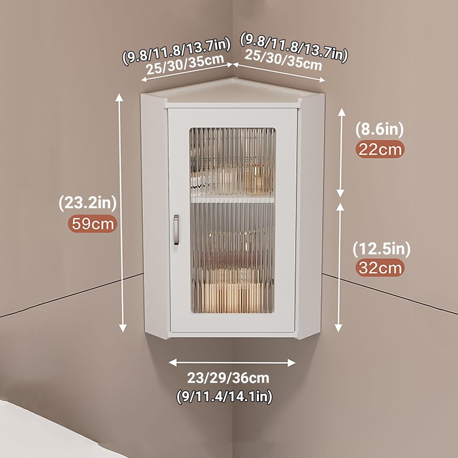 2/3 Tier Corner Spice Rack for Kitchen,Small Corner Medicine Cabinet with Glass Door,Wall-Mounted Makeup Organizer，Wall Mount Bathroom Cabinets(White-A,25x25x59cm/9.8x9.8x23.2in)