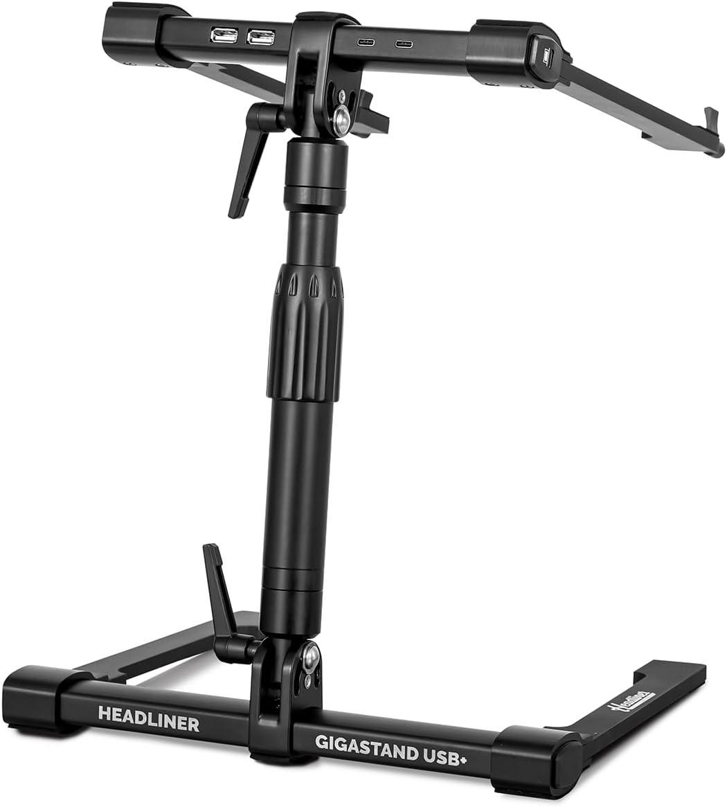 Headliner Gigastand USB+, Adjustable DJ Laptop Stand with Integrated USB-C Hub - Steel & Aluminum Construction, Foldable Design, Telescoping Neck - Perfect for DJs, Musicians, and Creators