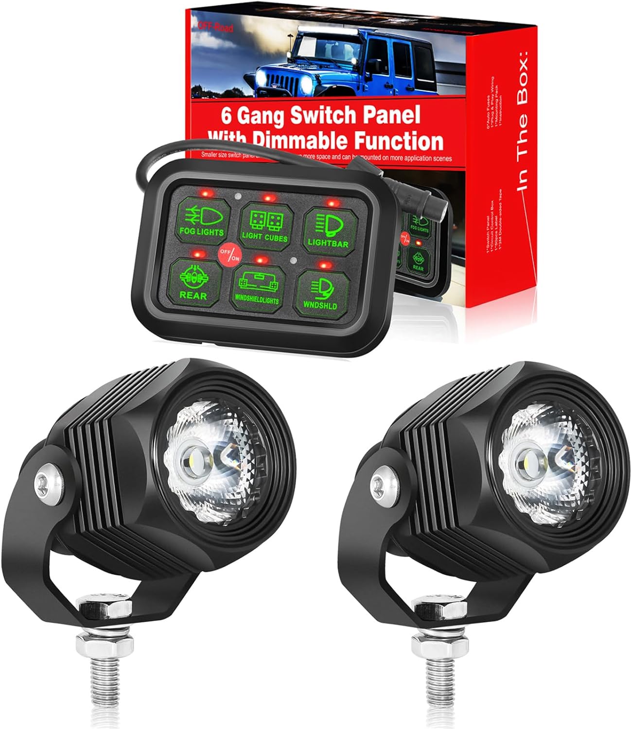 2PCS Small LED Pods Driving Light + 6 Gang Switch Panel Kit