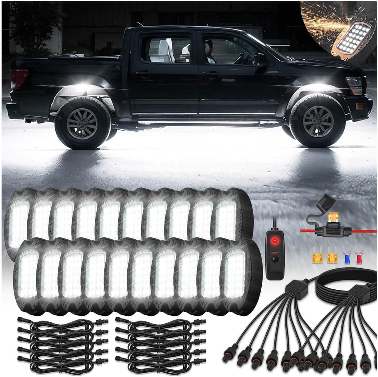 20Pods Metal All Pure White LED Rock Lights Kit Plug and Play 6500K 480 Chip with Switch Wiring Harness Extension Fuse, Pre Wired Aluminum Waterproof Underglow 12V for Semi Truck Pickup Jeep Offroad