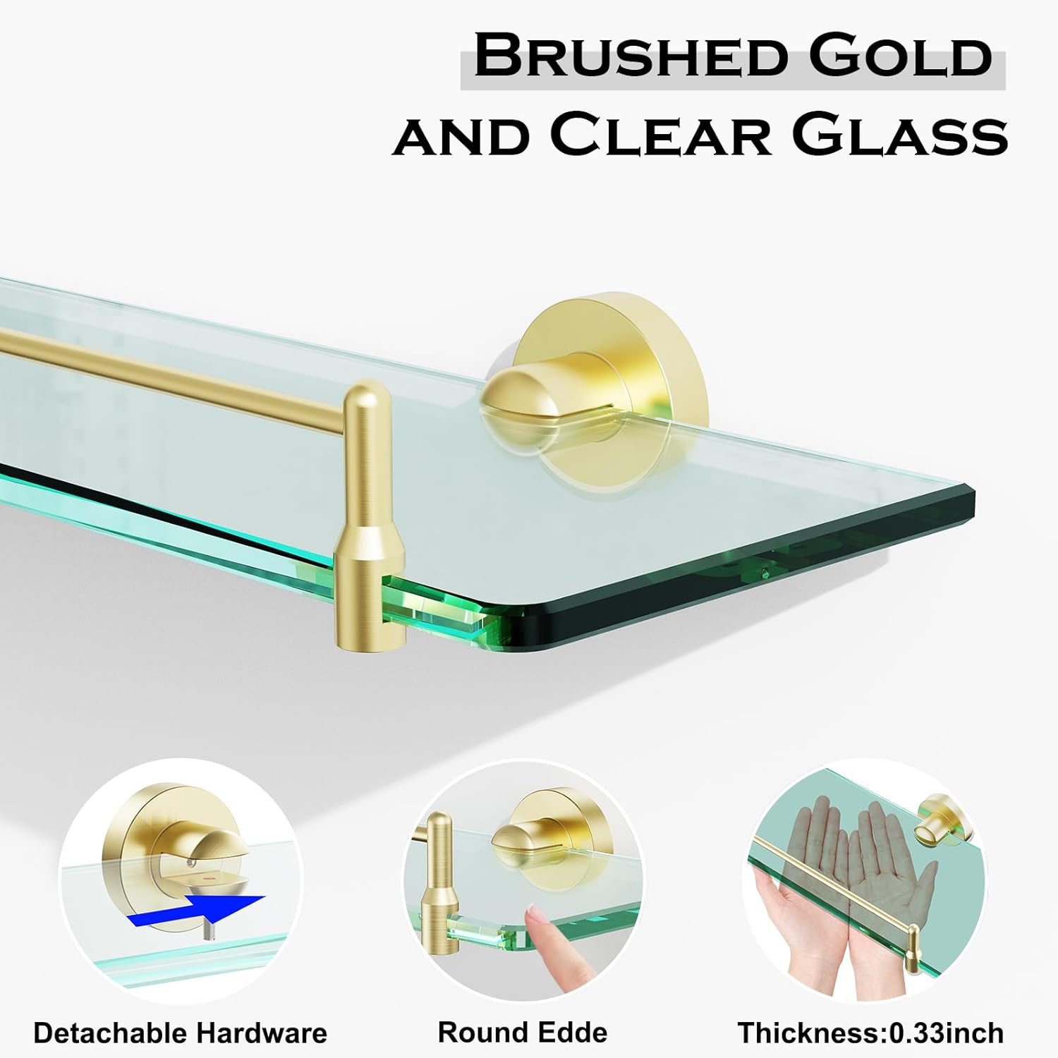 Glass Shelf for Bathroom 2 Pack,24-Inches Floating Glass Shelves Towel Bar/Track(Brushed Gold)