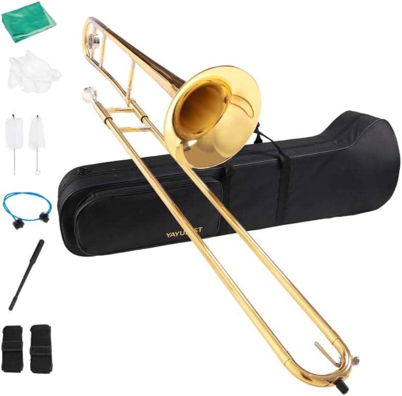 Bb Tenor Slide Trombone for Students Beginners, B Flat Brass Plated Trombone Instrument with Hard Case Mouthpiece White Gloves and Cleaning Kit (Gold)