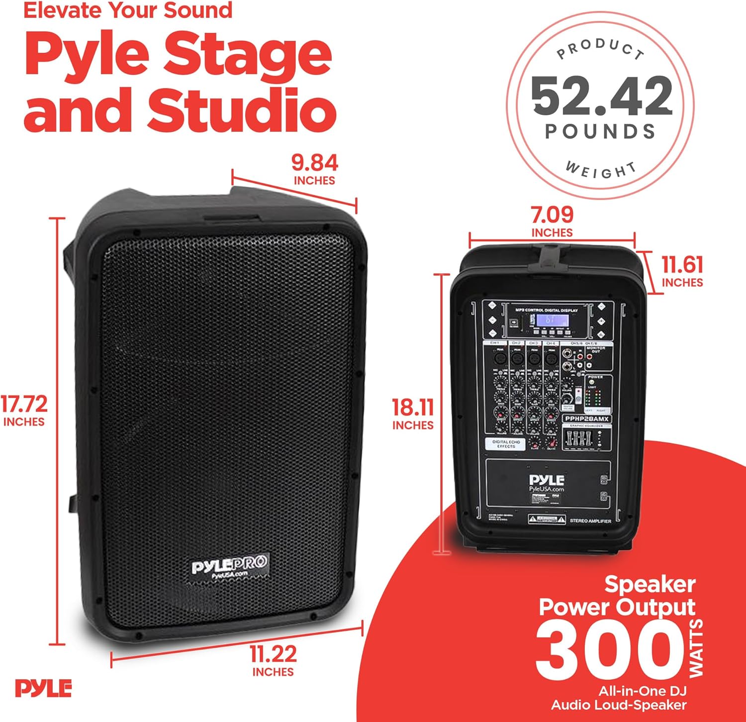 Pyle PA Speaker DJ Mixer Bundle - 300 W Portable Wireless Bluetooth Sound System w/ USB SD XLR 1/4