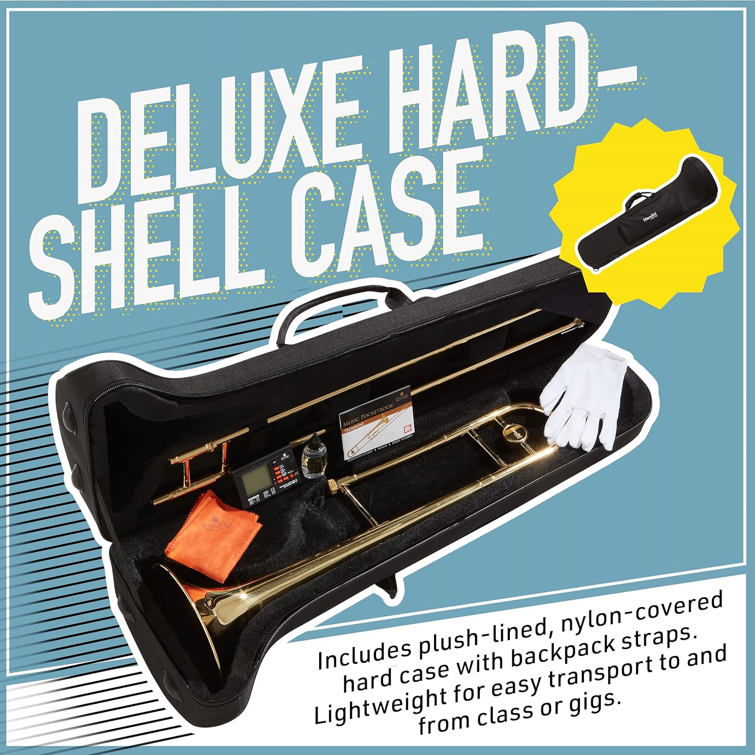 Mendini by Cecilio Bb Tenor Slide Trombone for Beginners - B Flat Brass Plated Trombone Instrument for Students with Tuner, Music Book, Hard Case, Mouthpiece, Cleaning Kit & Gloves (Gold)