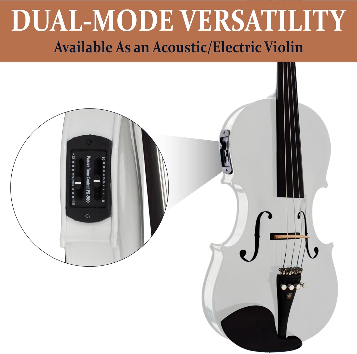 Cecilio 4/4 Full Size Acoustic & Electric Violin for Beginners & Professionals, Hand-Carved Solid Spruce Top, Ebony Fine Tuners, Full Set with Case, Bow, Rosin & AUX Cable (Pearl White)