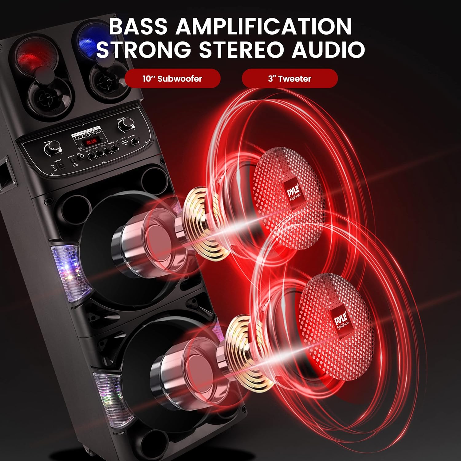 Pyle Portable Bluetooth PA Speaker - 600W Dual 10” Rechargeable Indoor/Outdoor BT Karaoke Audio System -LED Display, FM/AUX/MP3/USB/SD, 1/4