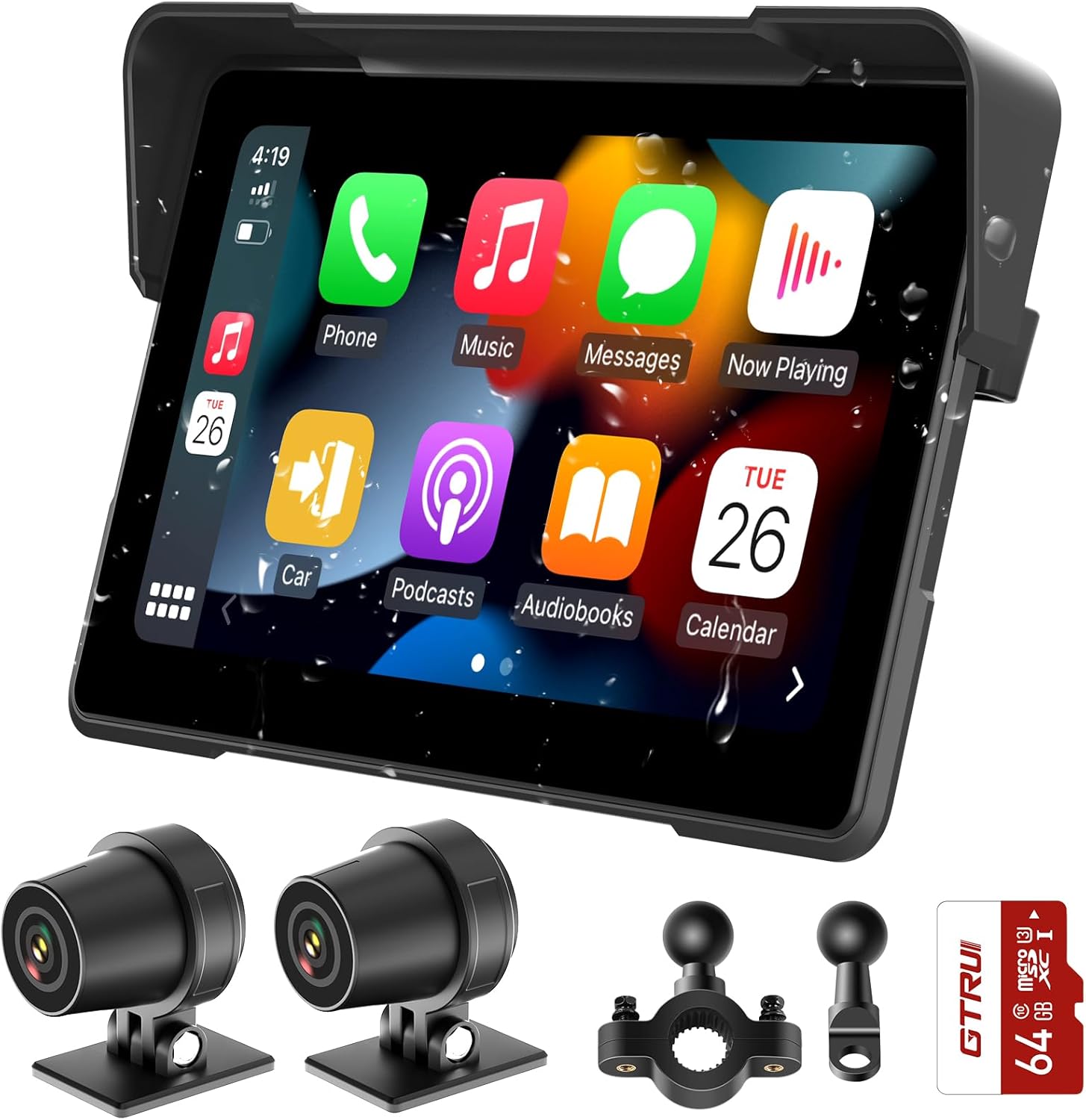7-Inch Wireless Motorcycle GPS Navigation with Apple CarPlay & Android Auto, Includes 1080P Front and Rear Cameras, Anti-Glare Portable Touch Screen with Dual Bluetooth, Siri, Google Assistant