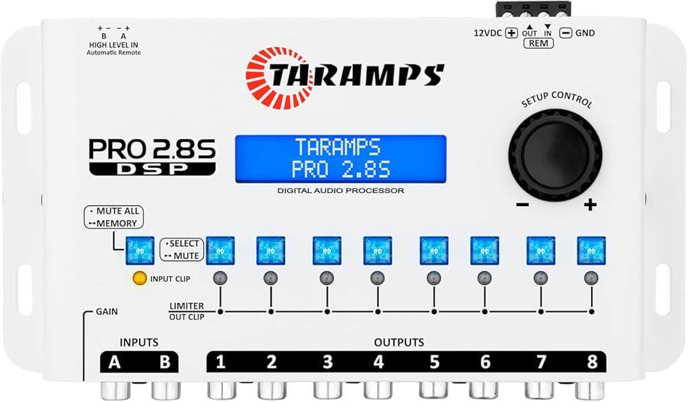 Taramps Pro 2.8S White DSP Crossover Full Digital Signal Audio Processor and Equalizer with sequencer 15-Band Graphic Equalization 12 preset EQ 2-Channel in and 8-Channel Out Car Audio System
