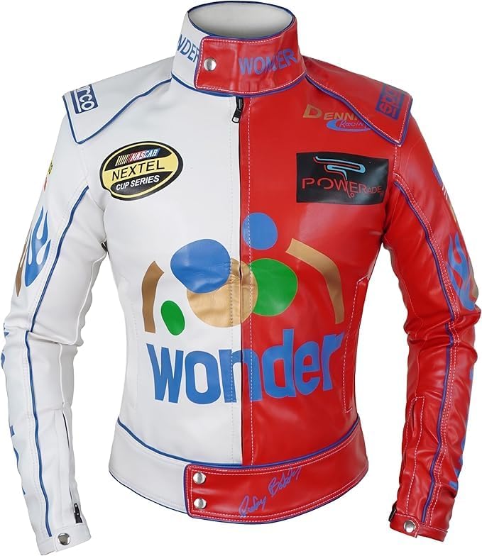 womens Ricky Bobby Wonder Racing Nights The Bread Speed White Leather Motorcycle Jacket