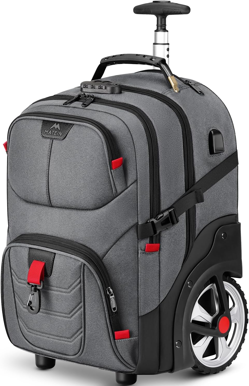 MATEIN Rolling Laptop Bag with Larger Wheels, 17 Inch Roller Back Packs with Anti Theft Lock & USB Charging Port for Adults Men, Heavy Duty Rolling Large Carry On Luggage for Office Work Travel, Grey