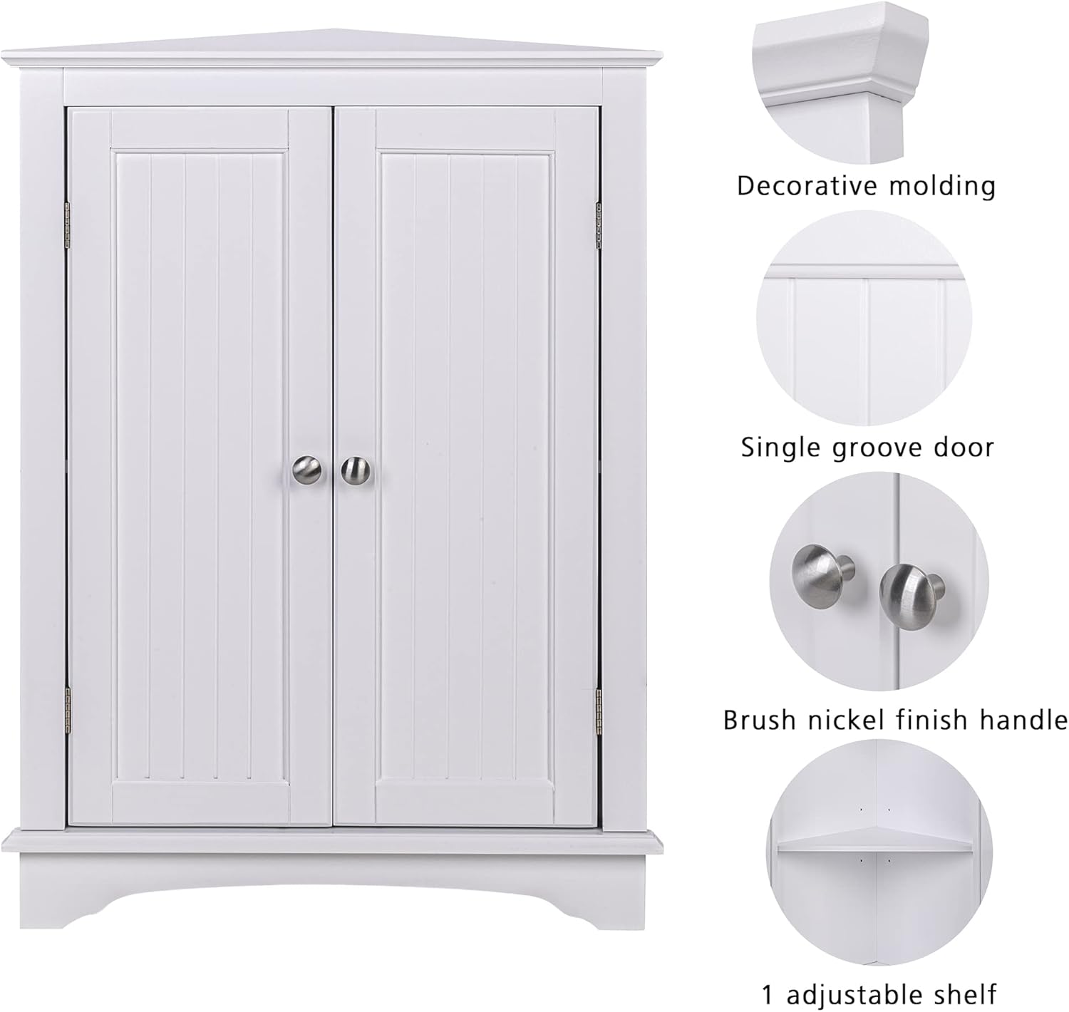 Spirich Floor Corner Cabinet with Two Doors and Shelves, Free-Standing Corner Storage Cabinets for Bathroom, Kitchen, Living Room, White